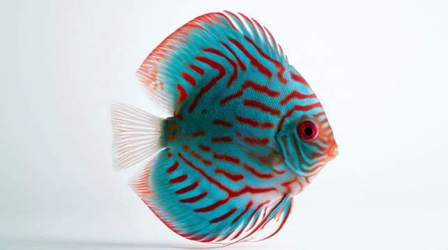 Colorful Discus fish (Symphysodon) with vibrant turquoise and red patterns isolated on a white background