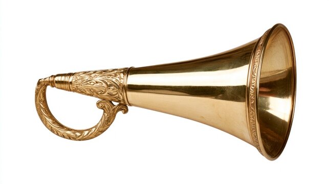 Antique Ornate Golden Ear Trumpet or Horn Isolated on White Background