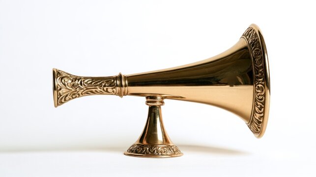 Vintage Decorative Polished Brass Horn on Stand Isolated on White Background