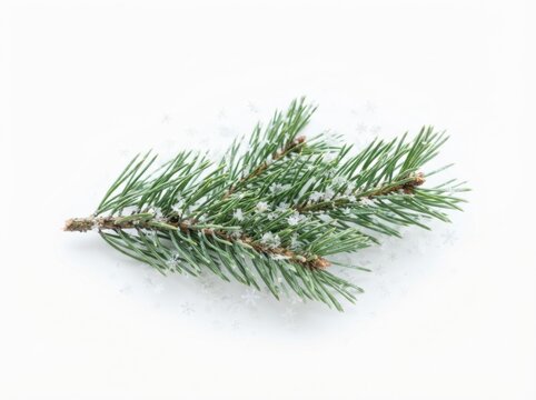 Fresh pine tree branch with small green needles isolated on white background