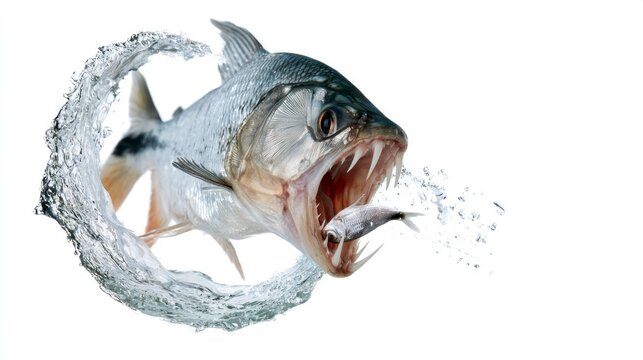 Predatory Goliath Tigerfish Jumping Out of Water with Prey in its Jaws, Isolated on White Background
