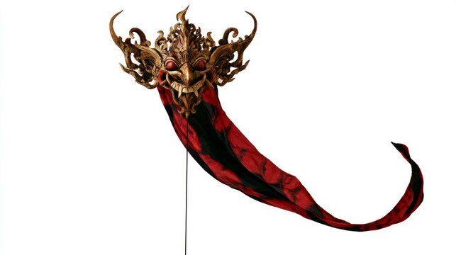 Ornate Balinese Mythical Creature Mask with Long Red and Black Fabric Tail Isolated on White