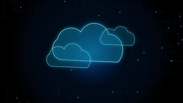 Glowing blue digital cloud icon representing cloud computing and network data storage on a dark background