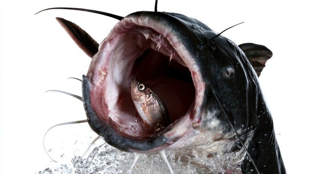 Close-up of a large catfish with its mouth wide open swallowing a smaller fish, isolated on white background with water splashes.