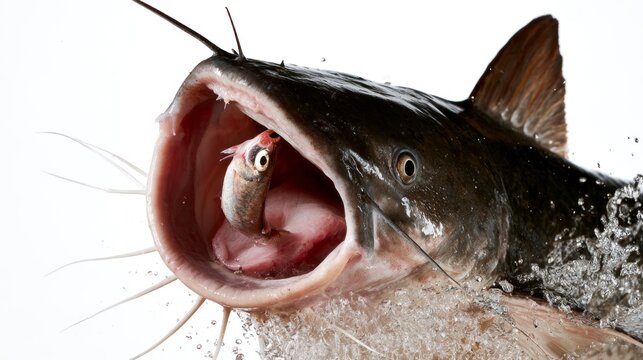 Catfish leaping out of water with mouth open catching a small fish, isolated on white background