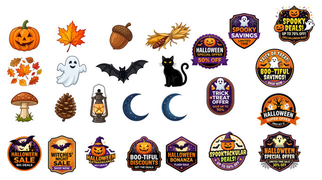 Halloween sale badges vector set with spooky discount stickers, pumpkin, ghost, bat, black cat, fall leaves, and autumn symbols isolated on white background
