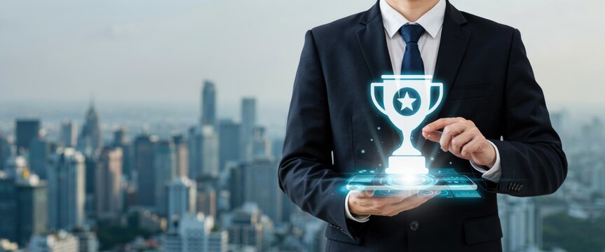 Businessman holding digital trophy icon
