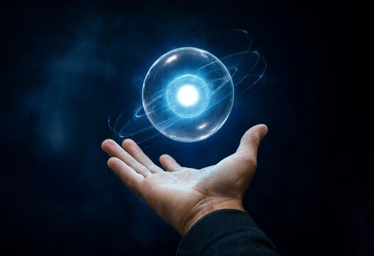 A human hand holding a glowing blue energy orb with floating rings in deep space