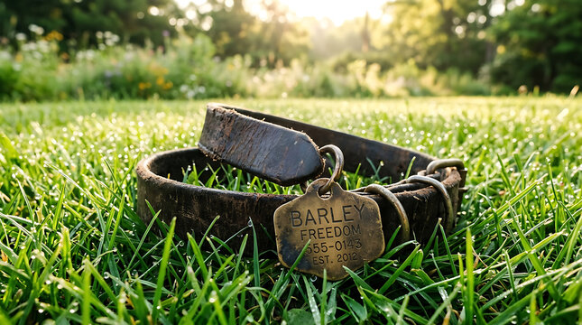 Worn brown leather dog collar with an engraved brass tag resting in dewy green grass