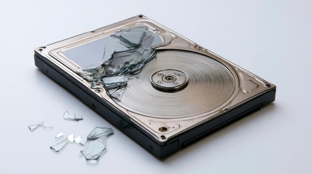 Broken Computer Hard Disk Drive with Shattered Glass Representing Data Loss and Hardware Failure