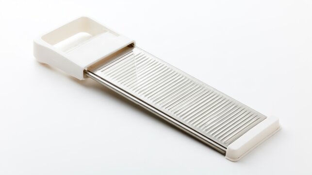 Stainless steel handheld mandoline slicer and grater with white plastic handle on a white background