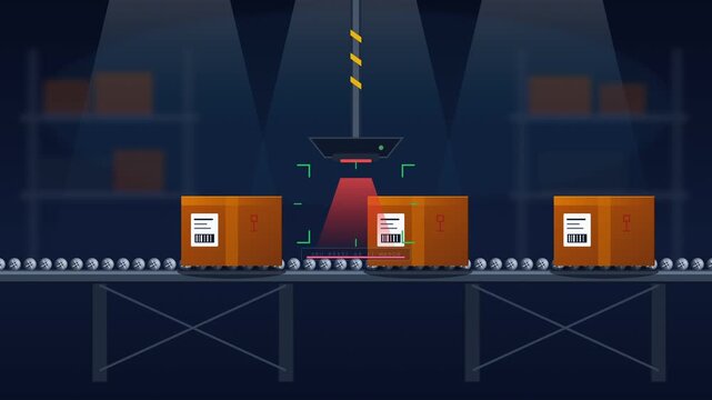 Automated warehouse conveyor belt scanning cardboard boxes for logistics distribution industry