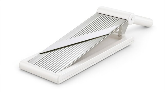 Professional adjustable mandoline slicer with stainless steel blade isolated on white background