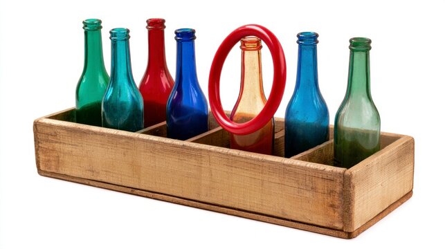 Classic Carnival Ring Toss Game with Colorful Glass Bottles in a Wooden Crate