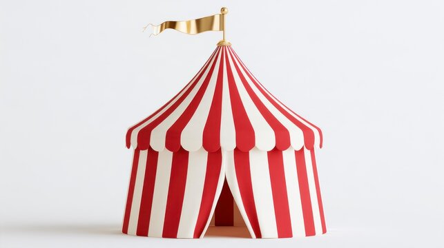Red and White Striped Circus Tent with Golden Flag Isolated on White Background