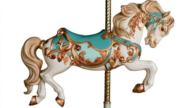 Vintage Ornate Carousel Horse with Teal and Gold Details Isolated on White