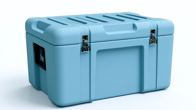 Light Blue Heavy-Duty Plastic Storage Container Box with Metal Latches Isolated on White Background