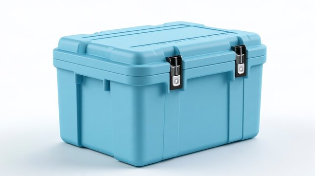 Large Light Blue Portable Hard-Shell Plastic Cooler Box for Camping and Outdoors, Isolated on White Background