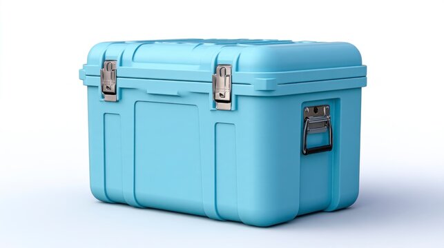 Large Light Blue Heavy-Duty Plastic Cooler Box for Transport and Storage Isolated on White Background