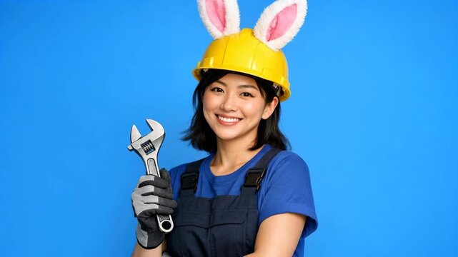 Young woman smiles, wearing bunny ears and a hard hat