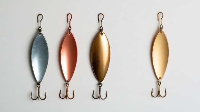 Collection of Metallic Fishing Spoon Lures with Treble Hooks on White Background