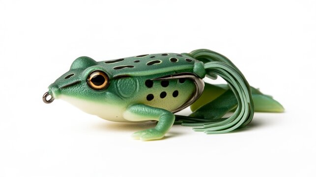 Realistic Green Frog Fishing Lure with Skirted Tail for Topwater Bass Fishing on White Background