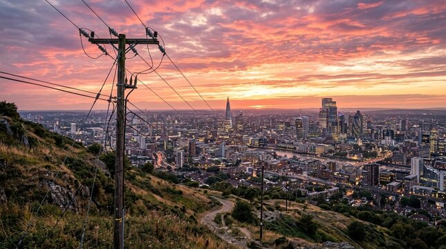 London cityscape at sunset with power lines in foreground