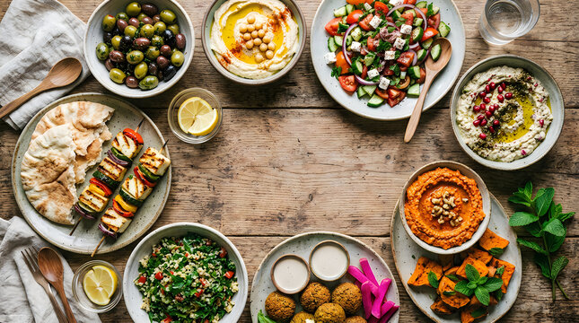 A bountiful and colorful thanksgiving feast spread across a rustic wooden table celebrating togetherness and gratitude with loved ones