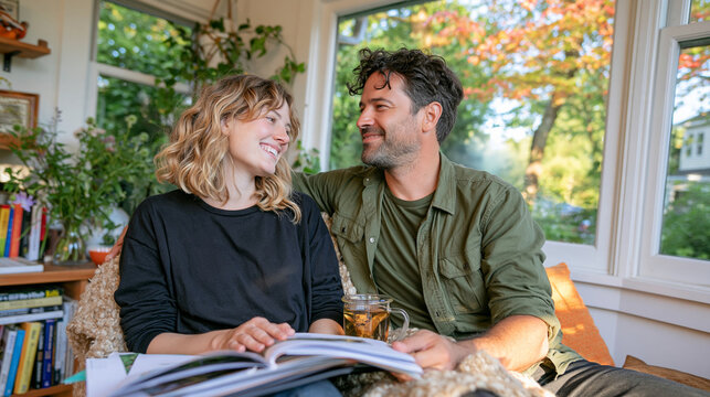 Married couple debriefing in a cluttered reading nook at dawn, real estate appraisal folders tucked beneath an open book and shared wool throw, a mug of tea warming between them as early morning mis