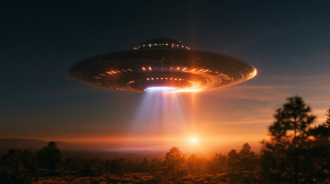 Futuristic triangular UFO hovering above alien planet at sunrise, mysterious cosmic landscape with stars and glowing lights for science fiction, space and fantasy designs	
