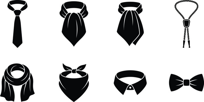 Men Neckwear Icon Set Featuring Necktie Bowtie Scarf Bandana Cravat Bolo Tie and Collar Silhouette Vectors