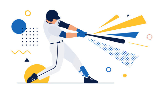 Baseball Player Swinging Bat During Game Action with Abstract Geometric Shapes and Bright Color Accents, Dynamic Sports Illustration for Marketing