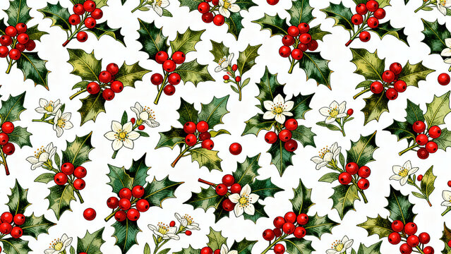 Classic Christmas holly seamless pattern with red berries and white flowers on white