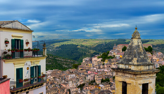 ancient stone city scape amazing view point on country side landscape from high towers and spires