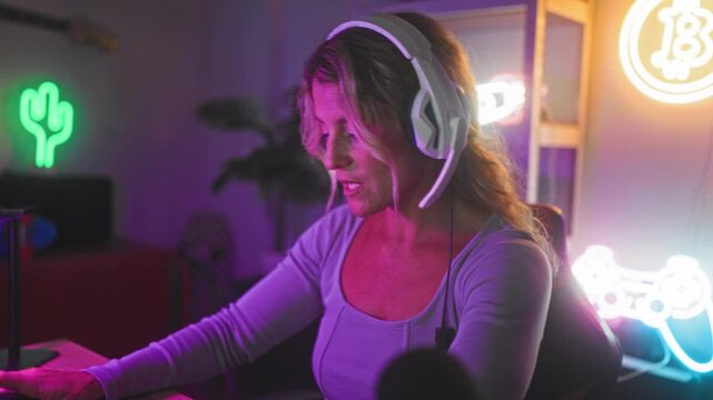 Woman wearing white headset uses mouse and leans forward, speaking and adjusting headset in streaming studio lit by neon signs and rgb lights; concentration.
