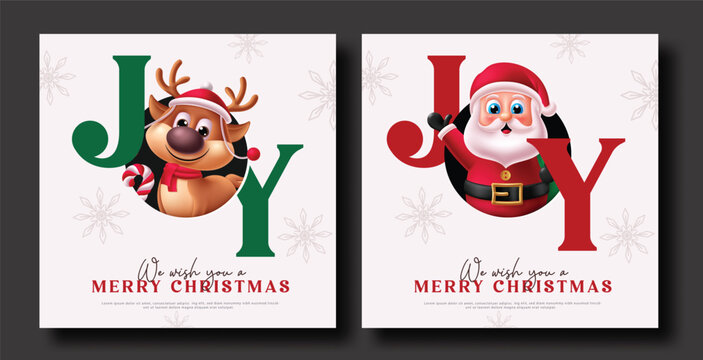 Set of two square festive holiday greeting cards featuring bold joy typography with a cute reindeer and Santa Claus on white backgrounds with snowflakes for your seasonal designs.