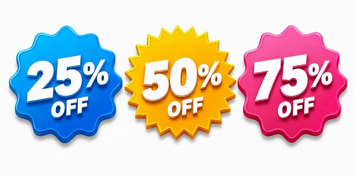 Colorful percentage discount sale badges with 25, 50, and 75 percent off text