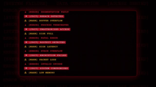 Cinematic red digital code and system error data text loop