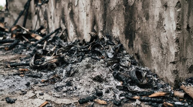 Ashes and debris on the ground near a concrete wall after a fire