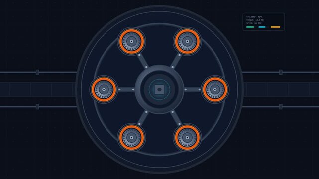 2D Animated HUD interface digital dashboard with rotating mechanical gear elements technology top angle. 4K Video