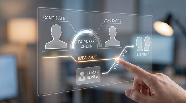 Human-Centered AI - A human hand intervenes to adjust AI decisions flagged for fairness, ensuring a balanced, ethically guided outcome through human review.