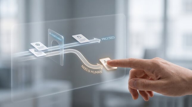Human-Centered AI - A human hand receiving a task marked "NEEDS HUMAN" from an AI system, highlighting human intervention in uncertain automated processes.