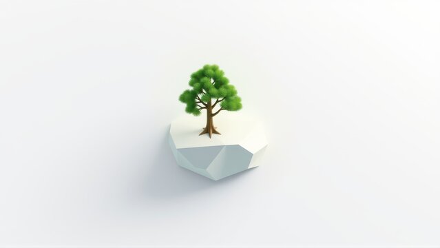 Minimalist tree atop geometric base. Clean design, simple shapes, bright colors, white background creates stark contrast.