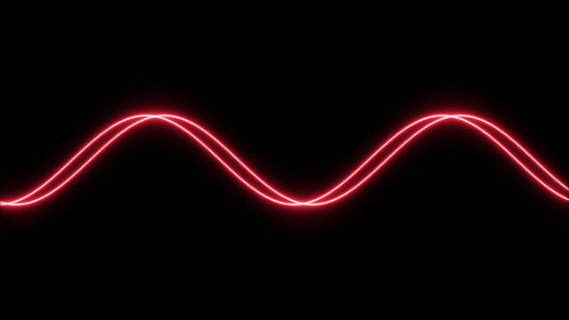 Double red neon glowing sine wave lines moving horizontally on a black background, representing sound waves, frequency, or energy flow