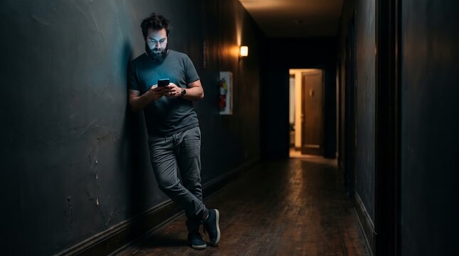 Bearded Man Lean Against Wall in Dark Hallway Looking at Smartphone Screen