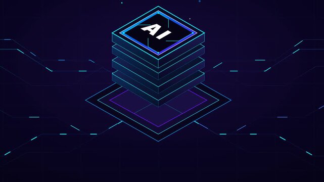 Artificial intelligence chip with digital network lines on a dark blue background representing modern computing tech
