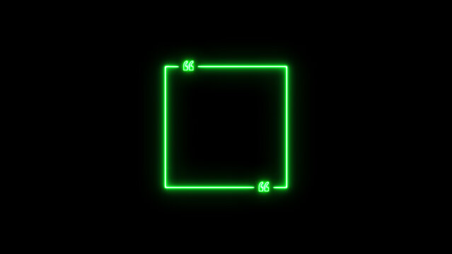 Green neon glowing square quote box frame with quotation marks on a black background, highlighting text and social media posts