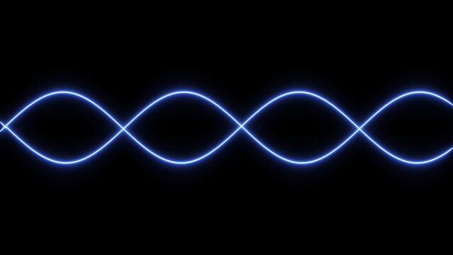 Blue neon glowing sine wave lines intertwined in a double helix pattern on a black background, representing dna, science, or technology