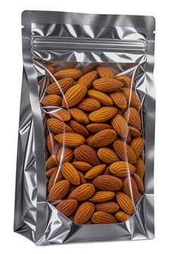 Almonds in silver stand up pouch healthy whole nutritious roasted nuts food packaging reclosable zipper metallized foil bag transparent background png