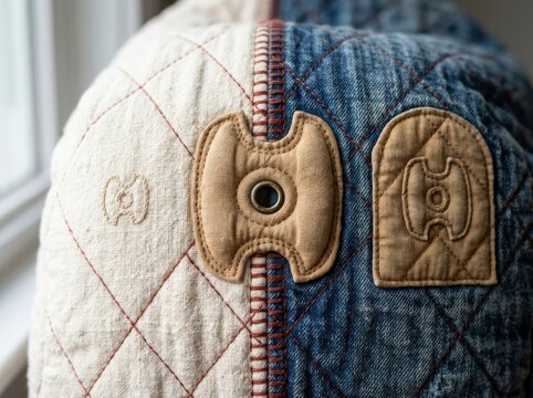 Patchwork handbag with denim quilt and leather detail close up